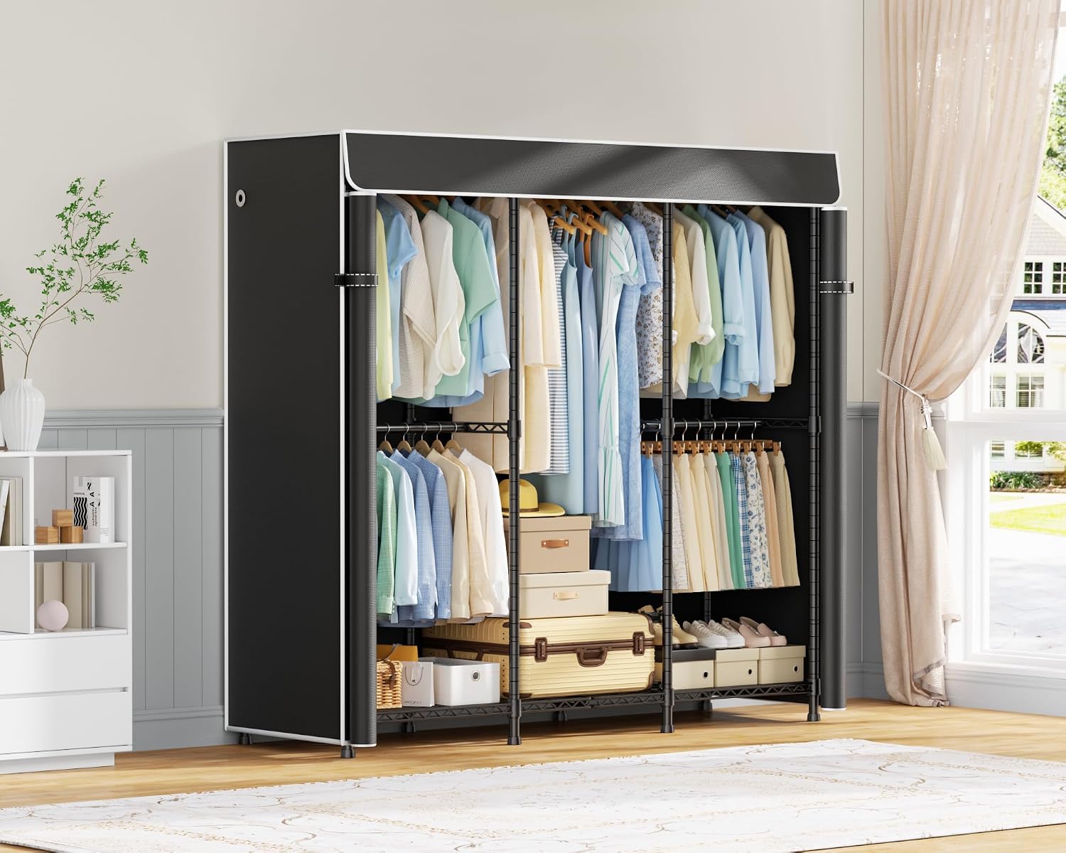 ULIFHOME E14C Heavy Duty Closet Organizer System，Freestanding Clothing Racks for Hanging Clothes，Adjustable Garment Rack 58' W × 16' D × 77' H Hold 860 lbs，Black Rack with Black Dustproof Cover