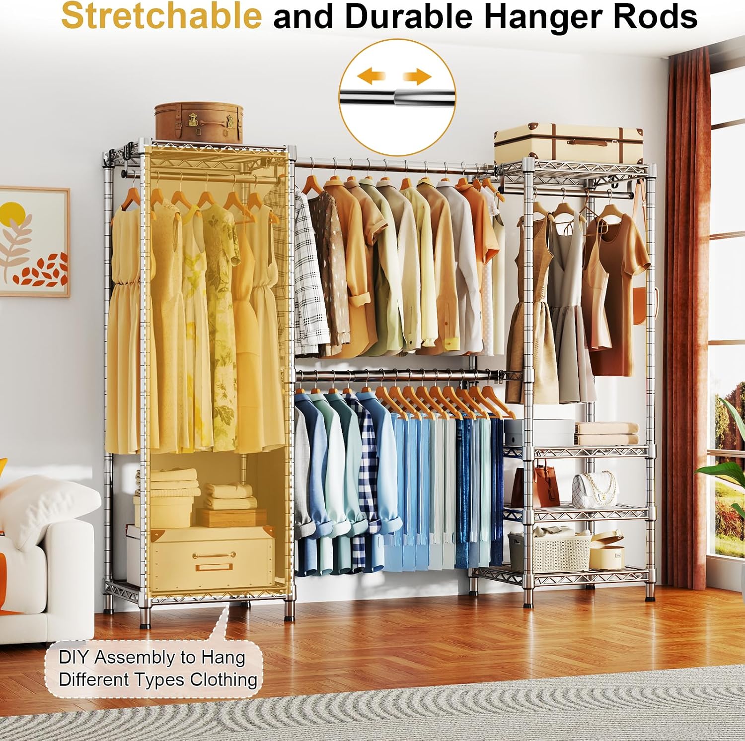 Ulif E7 Garment Rack, Heavy Duty Clothes Storage System with Extendable Hangers Rods, Metal Clothing Rack with 6 Wire Shelves, (52.3'-72') W x 14.5' D x 71.2' H, Load 838lbs, Chrome