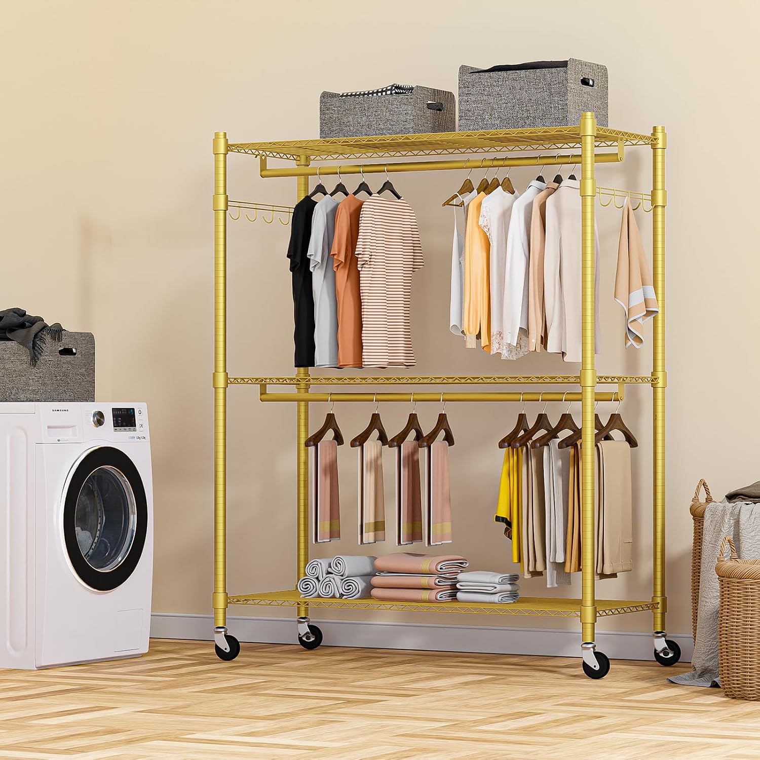 Homdox Gold Heavy Duty Clothes Rack with Wheels, 3-Tier Rolling Metal Garment Organizer with Double Hanging Rods & Hooks, Freestanding Portable Closet, 17.72' D x 47.24' W x 80.71' H