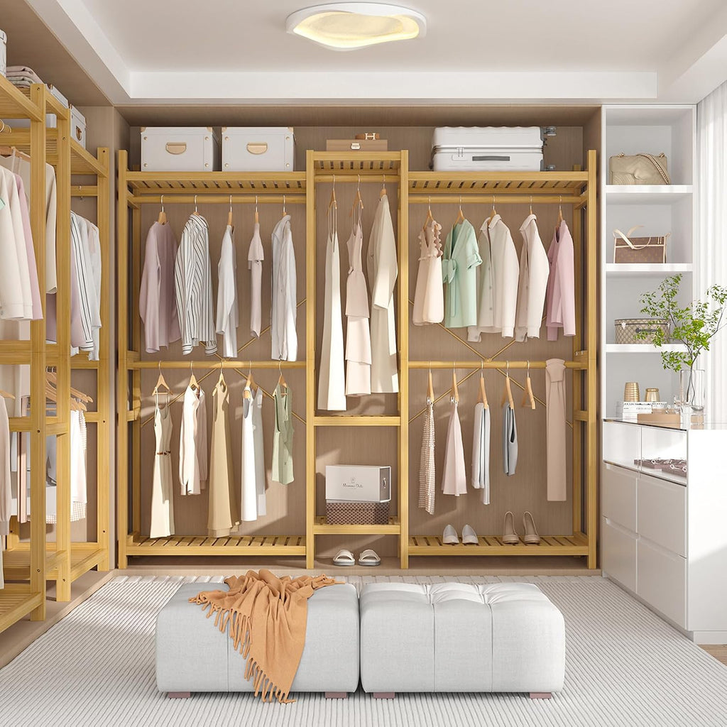 Homykic Bamboo Closet System Clothes Rack, Large Freestanding Garment Rack Clothing Rack for Hanging Clothes with 7 Storage Shelves and 5 Rods, Open Wardrobe Organizer with 4 Hooks, Natural