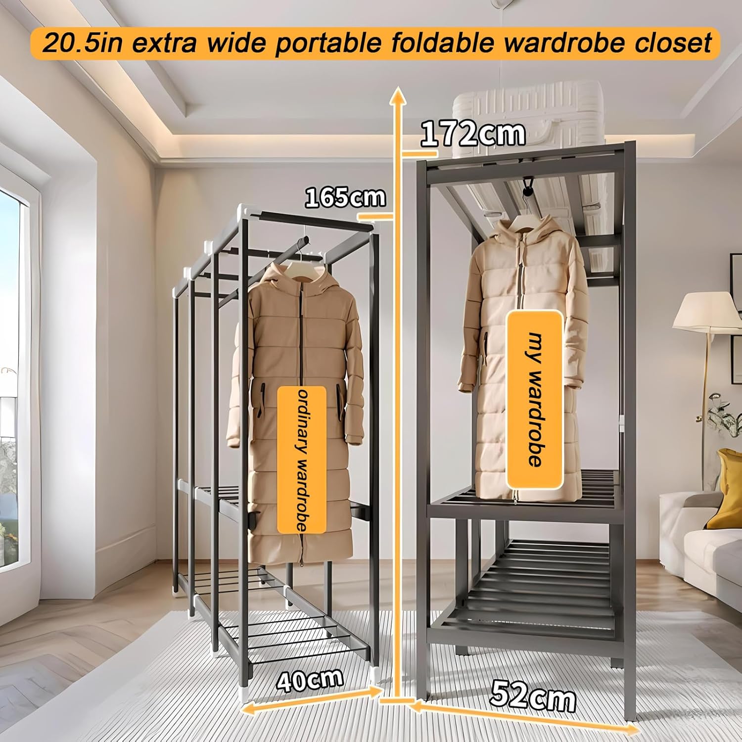 Foldable Portable Closet Wardrobe on Wheel Heavy Duty Metal Clothing Rack with Cover Freestanding Armoire Storage System Rolling Garment Racks for Hanging Clothes (D,Black Cover, 150cm/59.1in)
