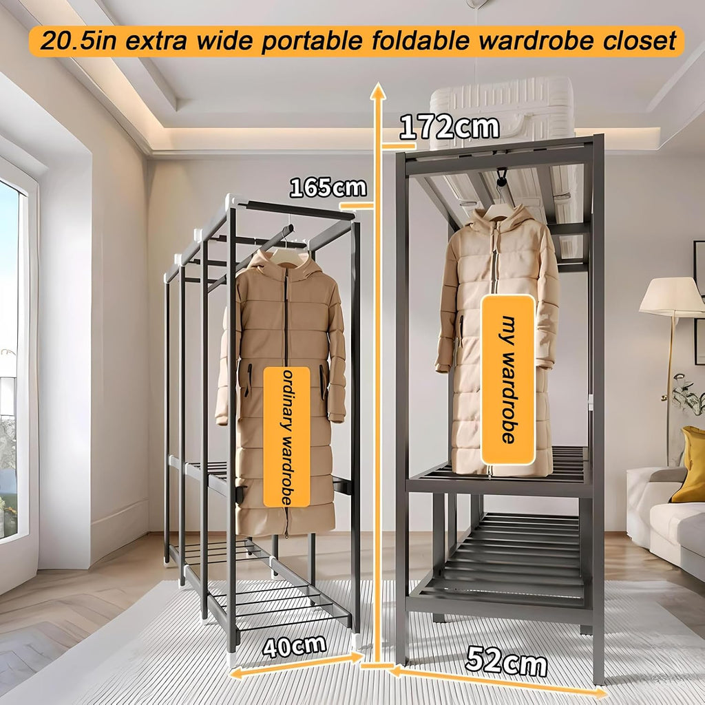 Foldable Portable Closet Wardrobe on Wheel Heavy Duty Metal Clothing Rack with Cover Freestanding Armoire Storage System Rolling Garment Racks for Hanging Clothes (D,Black Cover, 125cm/49.2in)