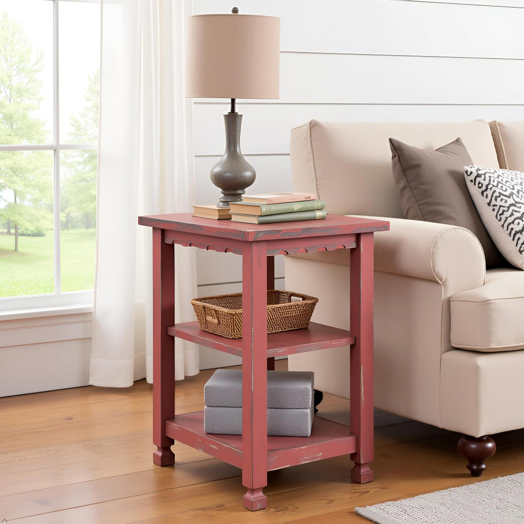 Alaterre Furniture Country Cottage Rustic Farmhouse Nightstand – 3-Tier Narrow End Table with Weathered Faded Finish, Carved Edges, & Turned Legs (Distressed Antique Red)