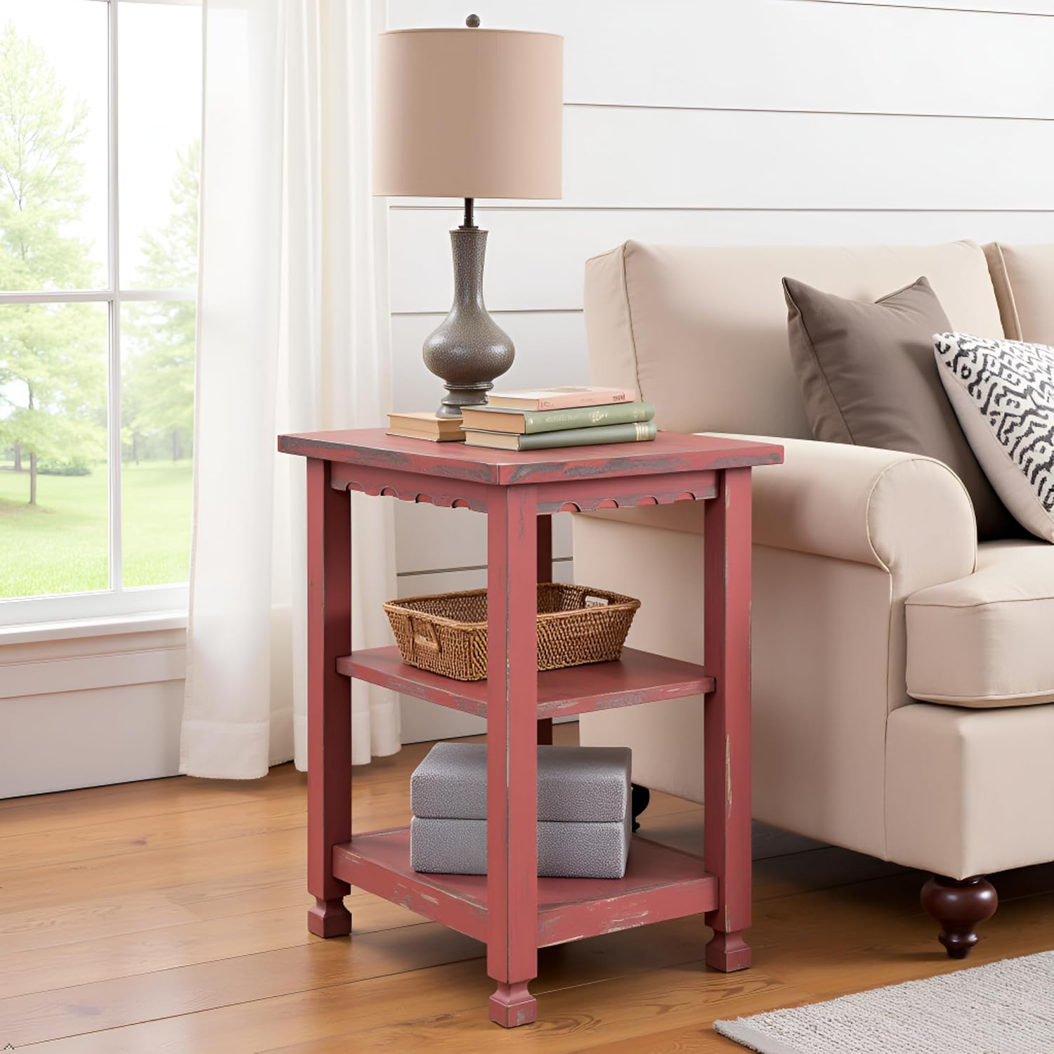 Alaterre Furniture Country Cottage Rustic Farmhouse Nightstand – 3-Tier Narrow End Table with Weathered Faded Finish, Carved Edges, & Turned Legs (Distressed Antique Red)