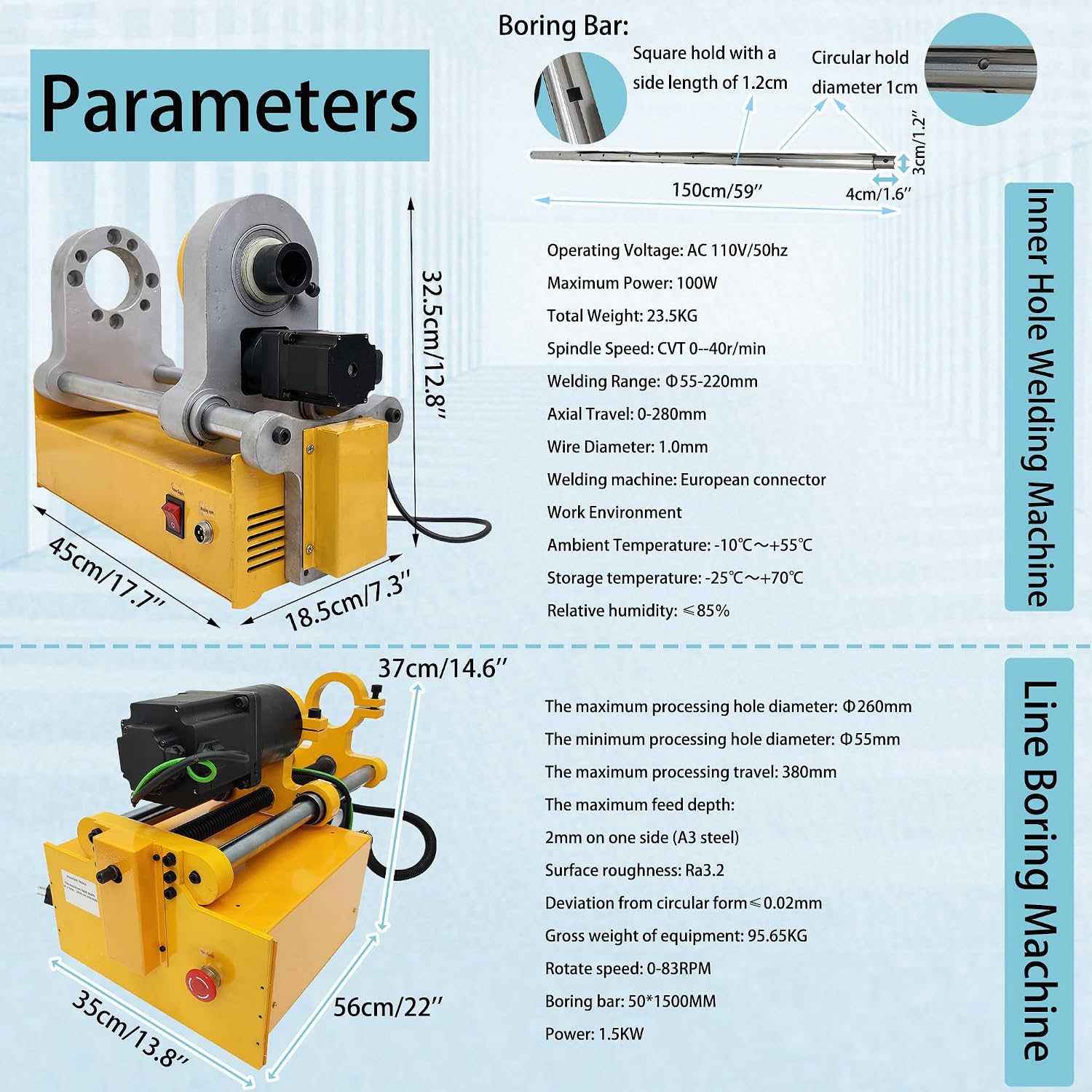 Line Boring and Welding Machine, 110V Line Boring Machine 55-260mm Hole Drilling Repair Bores with Control Handle, 150cm Bar, European Connector for Excavators, Loaders, Cranes No MIG Welder