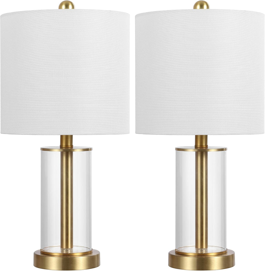 JONATHAN Y 20.5' Brass Gold Fillable Glass Table Lamp Set of 2, Modern Nightstand Lamps for Living Room Bedroom Office, White Linen Shade, LED Bulbs Included (JYL8508B-SET2)