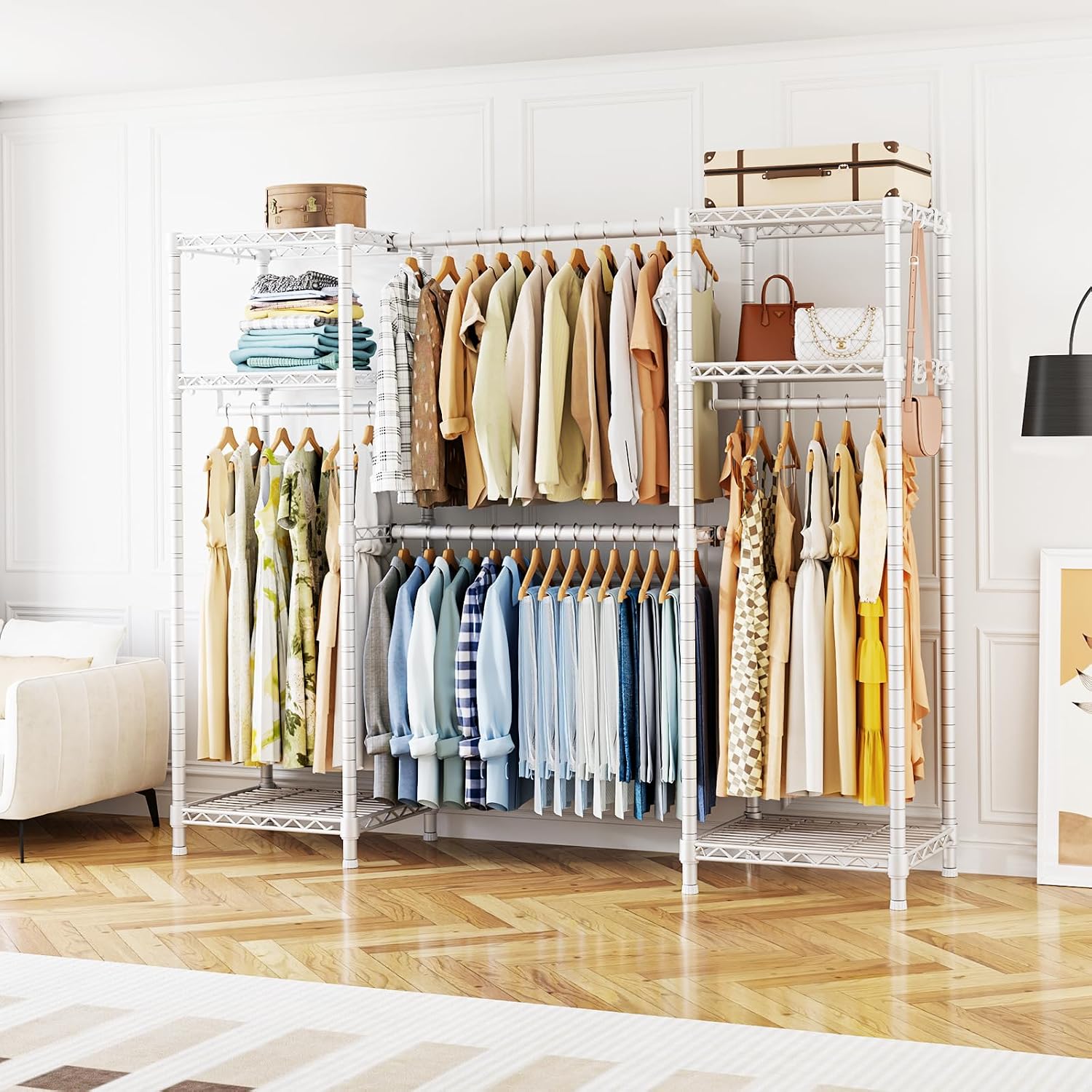Ulif E7 Heavy Duty Garment Rack, Clothes Organizer and Storage Rack with Expandable Hangers, Metal Clothing Rack with 6 Wire Shelves, (52.3'-72') W x 14.5' D x 71.2' H, Load 838 LBS, White