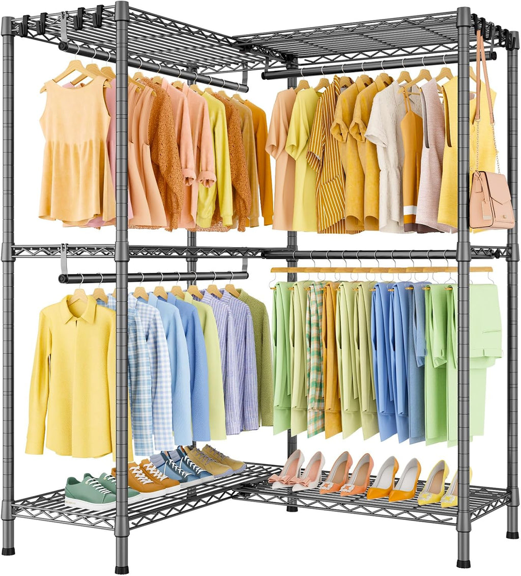 ULIFHOME E15 Garment Rack L Shaped Clothes Rack for Corner，Freestanding Clothing Racks for Hanging Clothes，Heavy Duty Closet Organizer with 4 Hanging Rods & 8 S Hooks，43.4' W x 15.8' D x 78.4' H，Grey