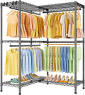 ULIFHOME E15 Garment Rack L Shaped Clothes Rack for Corner，Freestanding Clothing Racks for Hanging Clothes，Heavy Duty Closet Organizer with 4 Hanging Rods & 8 S Hooks，43.4' W x 15.8' D x 78.4' H，Grey