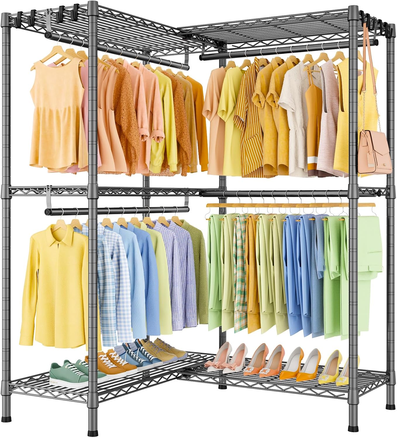 ULIFHOME E15 Garment Rack L Shaped Clothes Rack for Corner，Freestanding Clothing Racks for Hanging Clothes，Heavy Duty Closet Organizer with 4 Hanging Rods & 8 S Hooks，43.4' W x 15.8' D x 78.4' H，Grey