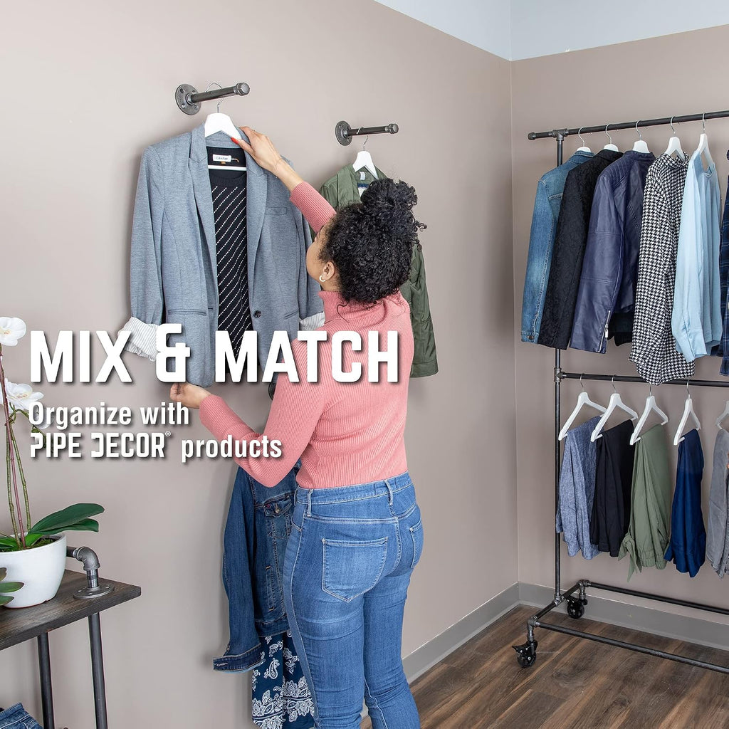 PIPE DECOR 39' x 20 ¼' x 82' Rolling Steel Pipe Double Rod Clothing Rack, Commercial or Residential Industrial Clothes Display, Heavy Duty Black Steel Metal Wheeled Garment Frame