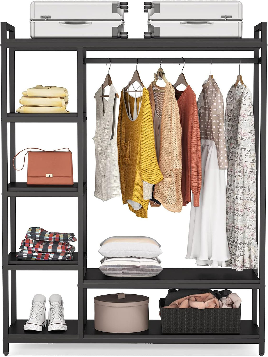 LITTLE TREE Free Standing Wood Closet Clothes Rack,Heavy Duty Grament Rack with Shelves,Hanging Racks for Clothes Clothing Rack for Bedrom,Wardrobe Closet Organizer,350 lb Capacity,Black