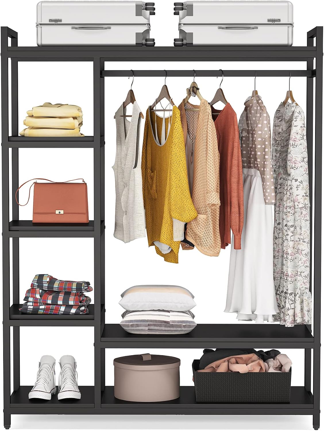 LITTLE TREE Free Standing Wood Closet Clothes Rack,Heavy Duty Grament Rack with Shelves,Hanging Racks for Clothes Clothing Rack for Bedrom,Wardrobe Closet Organizer,350 lb Capacity,Black