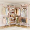 ONBRILL L4 Wall Mounted Industrial Pipe Clothing Rack, Closet Organizer System with 6 Hanging Clothes Rods ( 4 Expandable Rods) & 8 Shelves, Heavy Duty Corner Garment Rack, Large Wardrobe - Pink