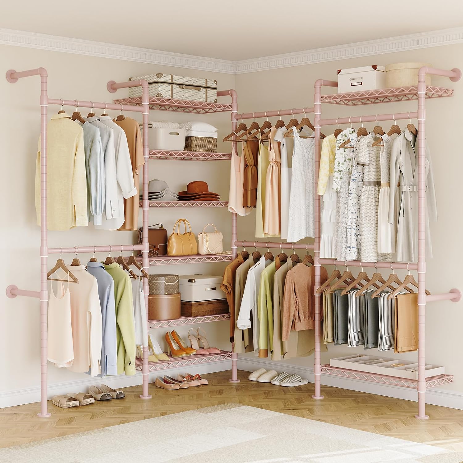 ONBRILL L4 Wall Mounted Industrial Pipe Clothing Rack, Closet Organizer System with 6 Hanging Clothes Rods ( 4 Expandable Rods) & 8 Shelves, Heavy Duty Corner Garment Rack, Large Wardrobe - Pink