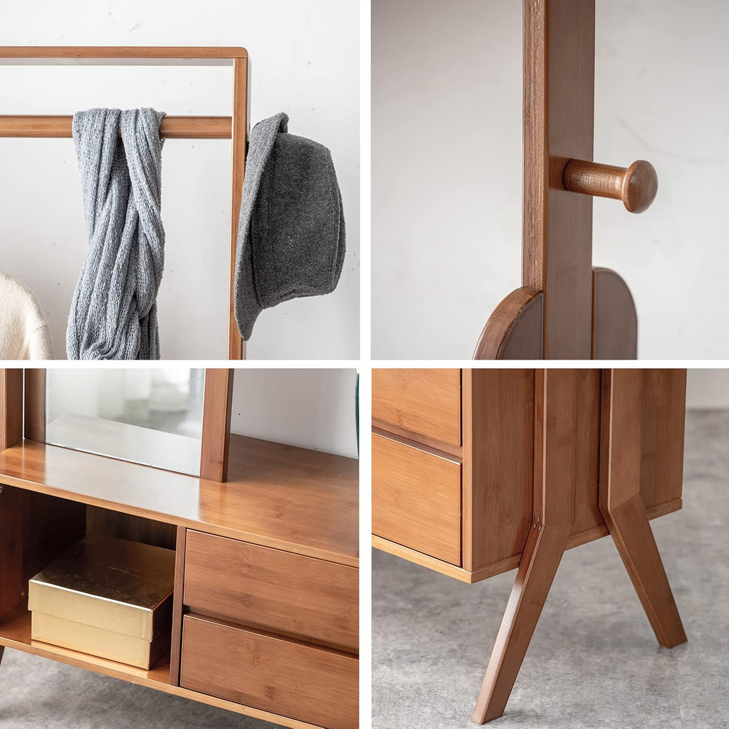 Bamboo Wooden Garment Rack Freestanding Closet Organizers and Storage Drawers with Mirror&Hooks, Coat Rack, Open Wardrobe for Entryway (40.6(L) x 13 (W) x 66.5 (H))