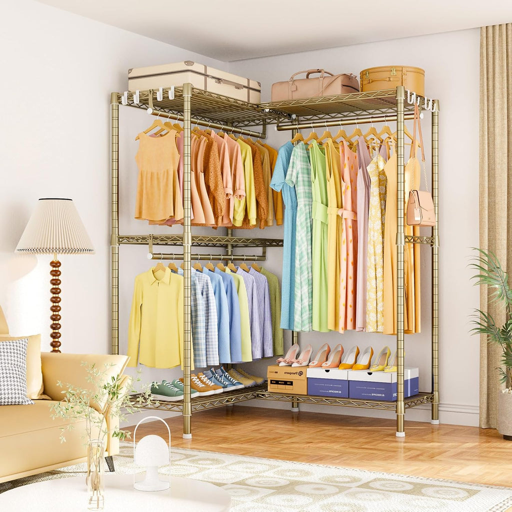 ULIFHOME E15 Garment Rack L Shaped Clothes Rack for Corner，Freestanding Clothing Racks for Hanging Clothes，Heavy Duty Closet Organizer with 4 Hanging Rods & 8 S Hooks，43.4' W x 15.8' D x 78.4' H，Gold