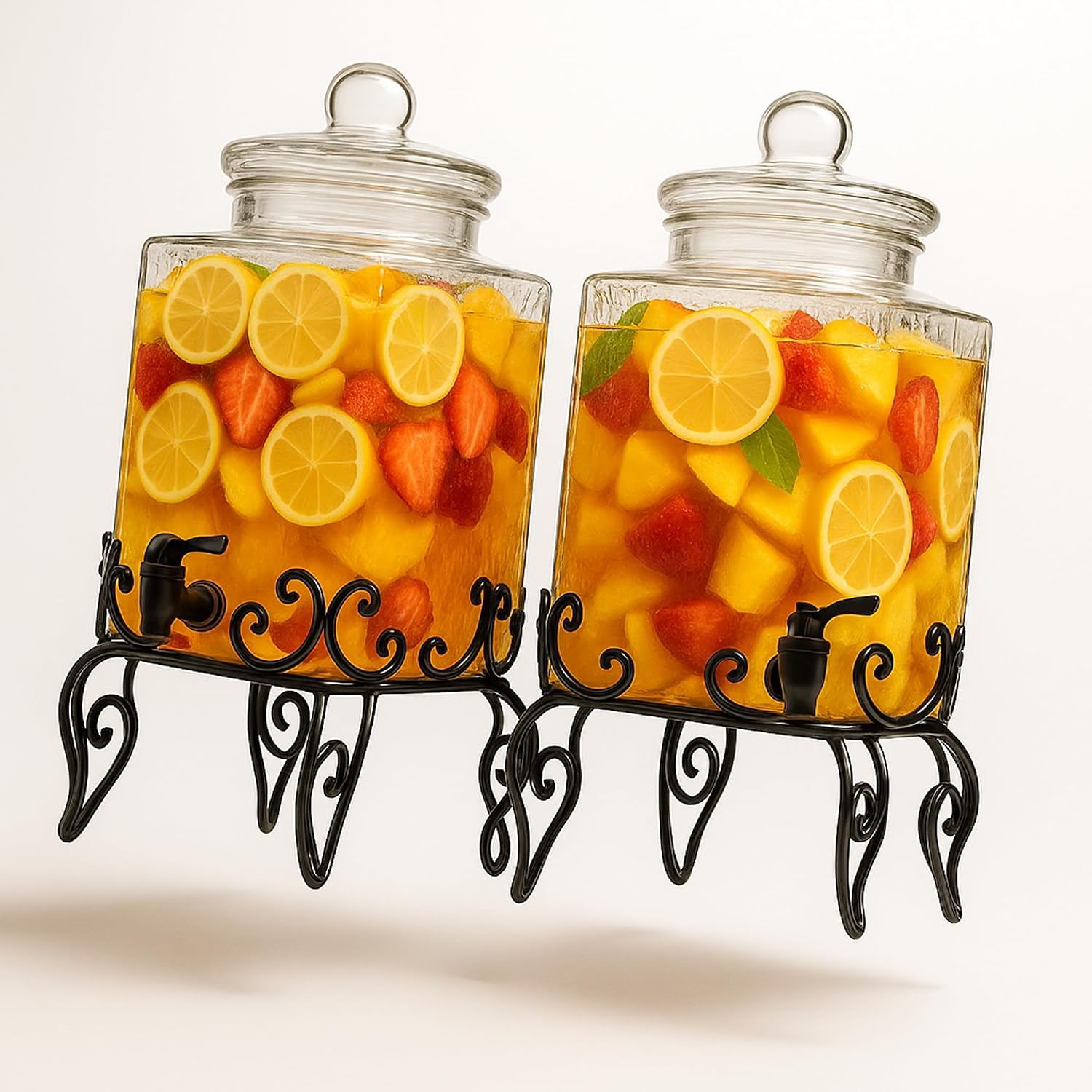 5 Gallon Hammered Glass Beverage Dispenser With Metal Stand, Durable Glass Drink Dispenser For Parties, Juice, Lemonade And More, Elegant (Pack Of 2)