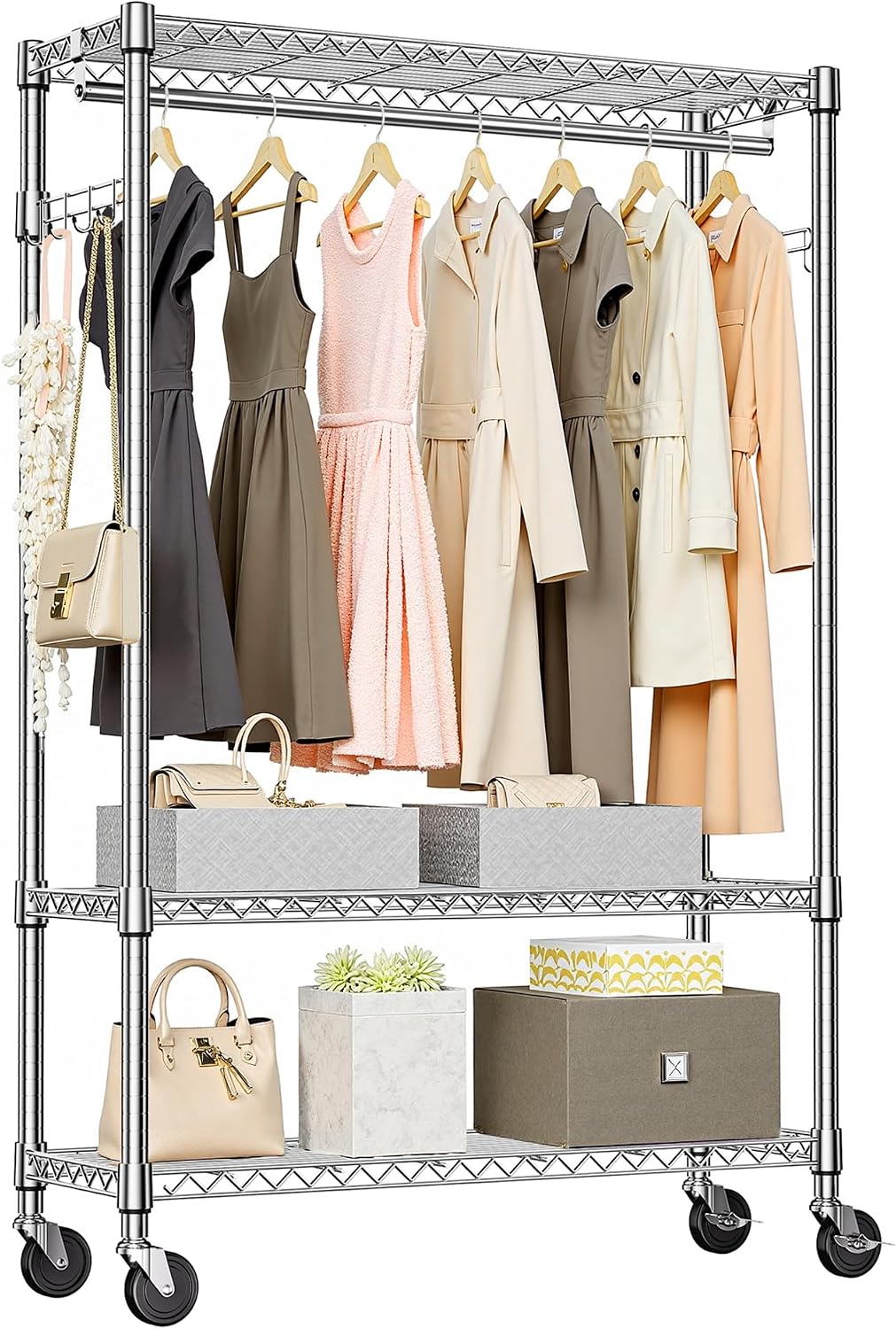 High-Strength Rolling Garment Rack Freestanding Closet Organizer with Hanging Rod Adjustable Metal Clothes Rack Chrome 15.7' D x 45.3' W x 75.6' H