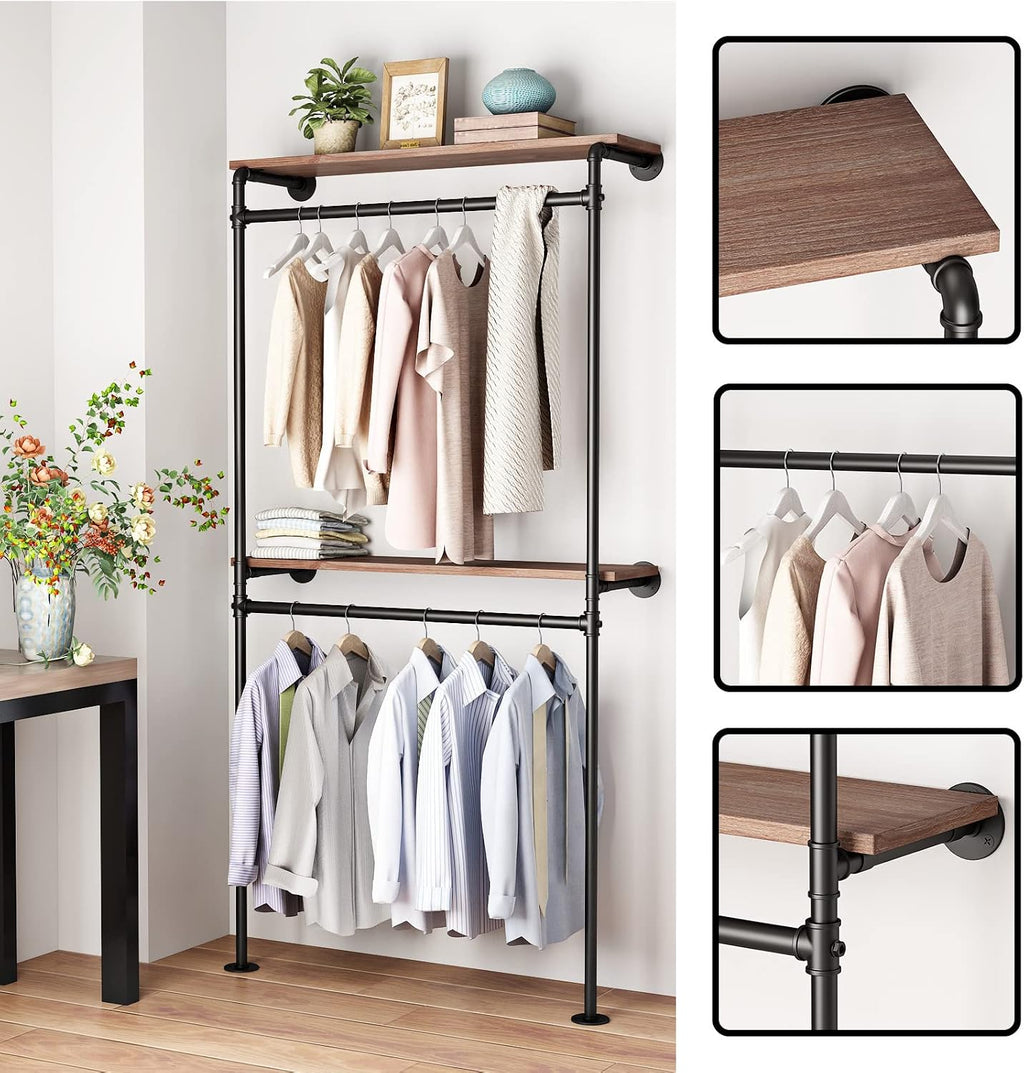 DR.IRON Industrial Pipe Clothing Racks with 2 Tier Shelves, Wall Mounted Black Clothes Rack with Double Hanging Rods Heavy Duty Garment Storage Rack Display Racks Rod for Clothes,Laundry Room