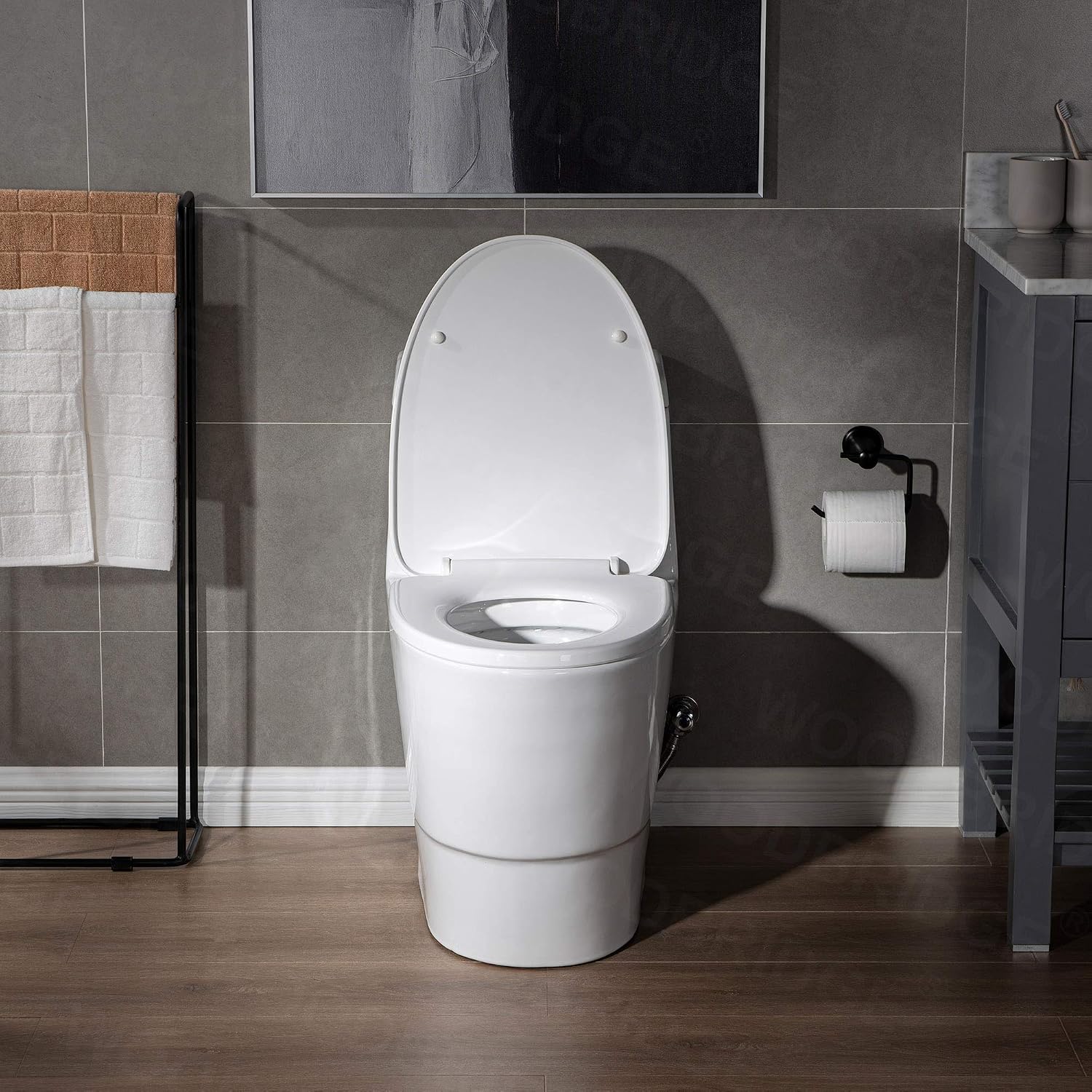 WOODBRIDGEE One Piece Toilet with Soft Closing Seat, Chair Height, 1.28 GPF Dual, Water Sensed, 1000 Gram MaP Flushing Score Toilet with Mattle Black, White,B0940-F-MB