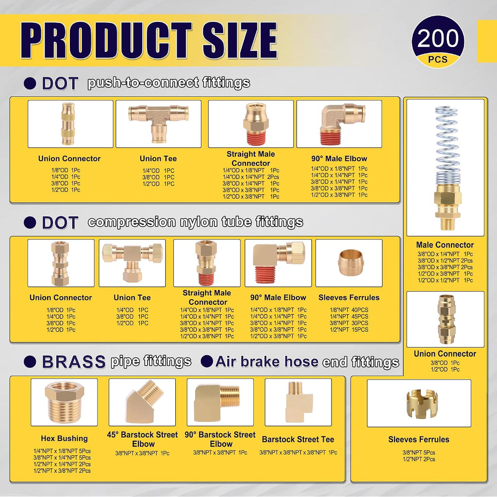 200 Pcs Brass DOT Air Brake Line Fittings & Air Nylon Tube Compression Fittings & Air Brake Hose End Fittings Assortment Kits,1/4' 1/8' 3/8' 1/2' NPT Air Hose Fittings
