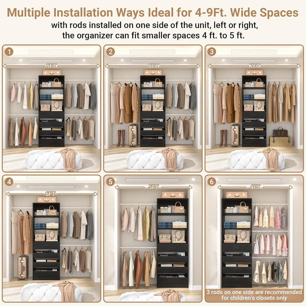 Aheaplus Closet System, 4-9Ft Closet Organizer with 4 Wooden Drawers, Wood Closet Organizer System with Tower, Walk-in Closet Organizer Wardrobe Clothes Rack with 4 Hanging Rods, Garment Rack, Black