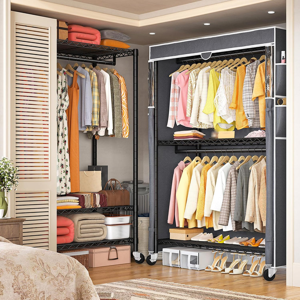 Raybee 45' W Rolling Clothes Rack with Cover Load 440LBS, Heavy Duty Portable Closets for Hanging Clothes with Adjustable Shelves & Lockable Wheels, 2-Tier for Space Saving, Tool-Free Assembly, Black