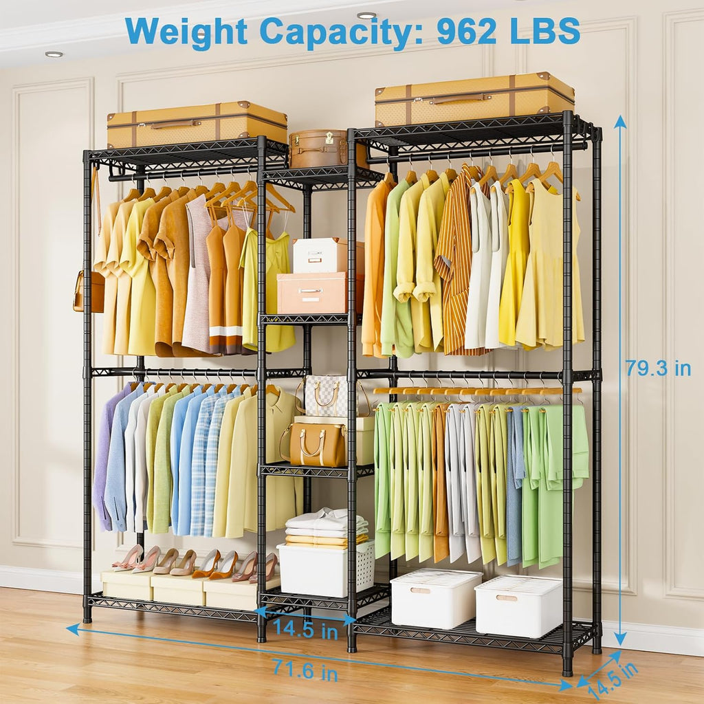 Ulif E4 Clothes Rack, Heavy-Duty Garment Rack, Metal Freestanding Clothing Organization Storage System Can Be L-Shaped with Shelves and Hangers, Max Load 962lbs, 71.6' W x 14.5' D x 79.3' H, Black