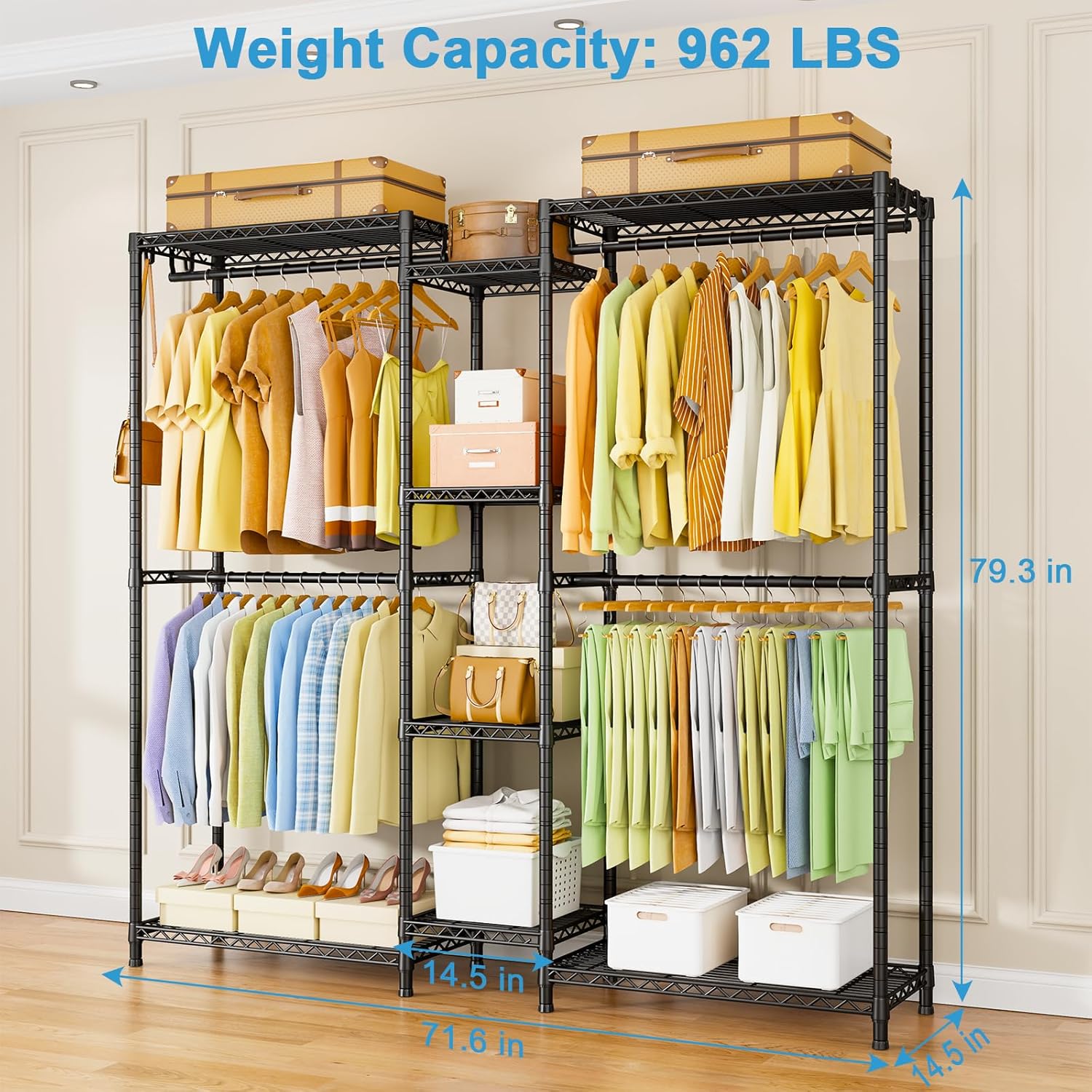 Ulif E4 Clothes Rack, Heavy-Duty Garment Rack, Metal Freestanding Clothing Organization Storage System Can Be L-Shaped with Shelves and Hangers, Max Load 962lbs, 71.6' W x 14.5' D x 79.3' H, Black