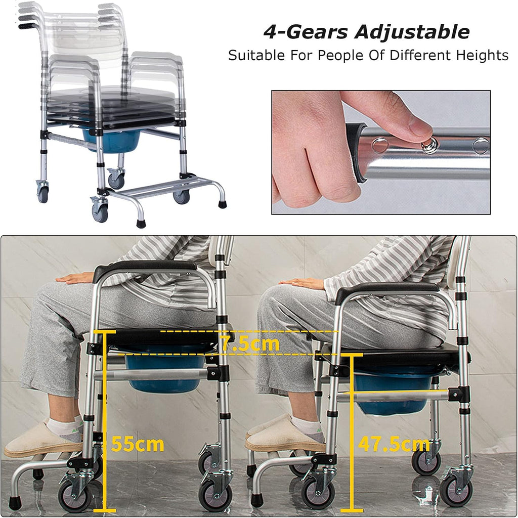Stand Alone Raised Toilet Seat Heavy Duty Medical Homecare Commode Chair, 5-Gears Height Adjustable Legs, Bathroom Assist Shower Chair for Elderly, Handicap, Disabled