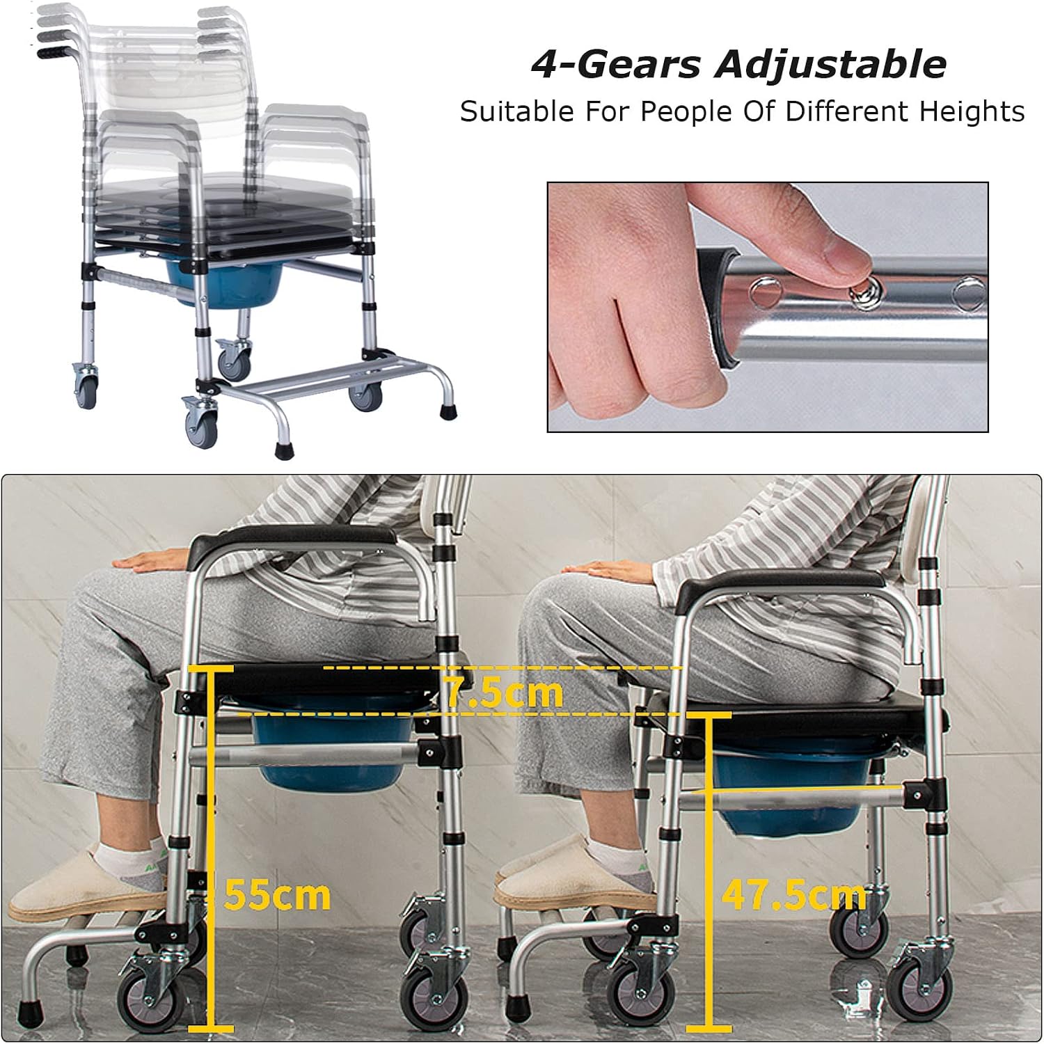 Stand Alone Raised Toilet Seat Heavy Duty Medical Homecare Commode Chair, 5-Gears Height Adjustable Legs, Bathroom Assist Shower Chair for Elderly, Handicap, Disabled