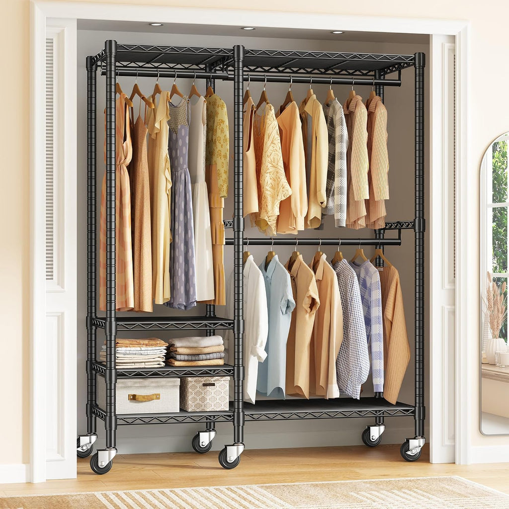 Raybee Heavy Duty Clothes Rack, Clothing Racks for Hanging Clothes, Portable Closet with Wheels and 4 Tiers Adjustable Shelves, Rolling Garment Rack for Bedroom, Black
