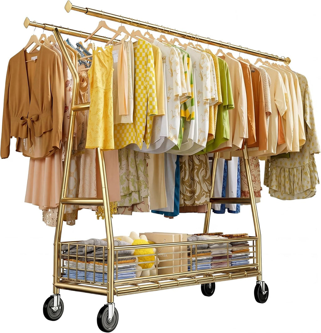 Raybee Heavy Duty Clothes Rack 630LBS, Double Rods Clothing Rack with Storage Basket, Portable Garment Rack for Heavy Clothes, Extendable & Adjustable, Bedroom, Closet, Commercial, Gold
