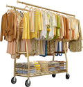 Raybee Heavy Duty Clothes Rack 630LBS, Double Rods Clothing Rack with Storage Basket, Portable Garment Rack for Heavy Clothes, Extendable & Adjustable, Bedroom, Closet, Commercial, Gold