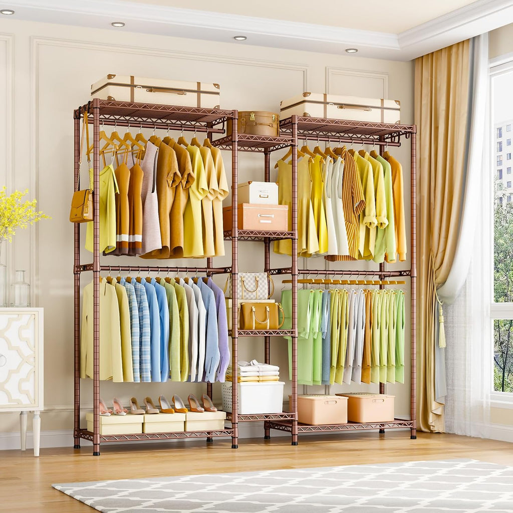 Ulif E4 Clothes Rack, Heavy-Duty Garment Rack, Metal Freestanding Clothing Organization Storage System Can Be L-Shaped with Shelves and Hangers, Max Load 962lbs, 71.6' W x 14.5' D x 79.3' H, Bronze