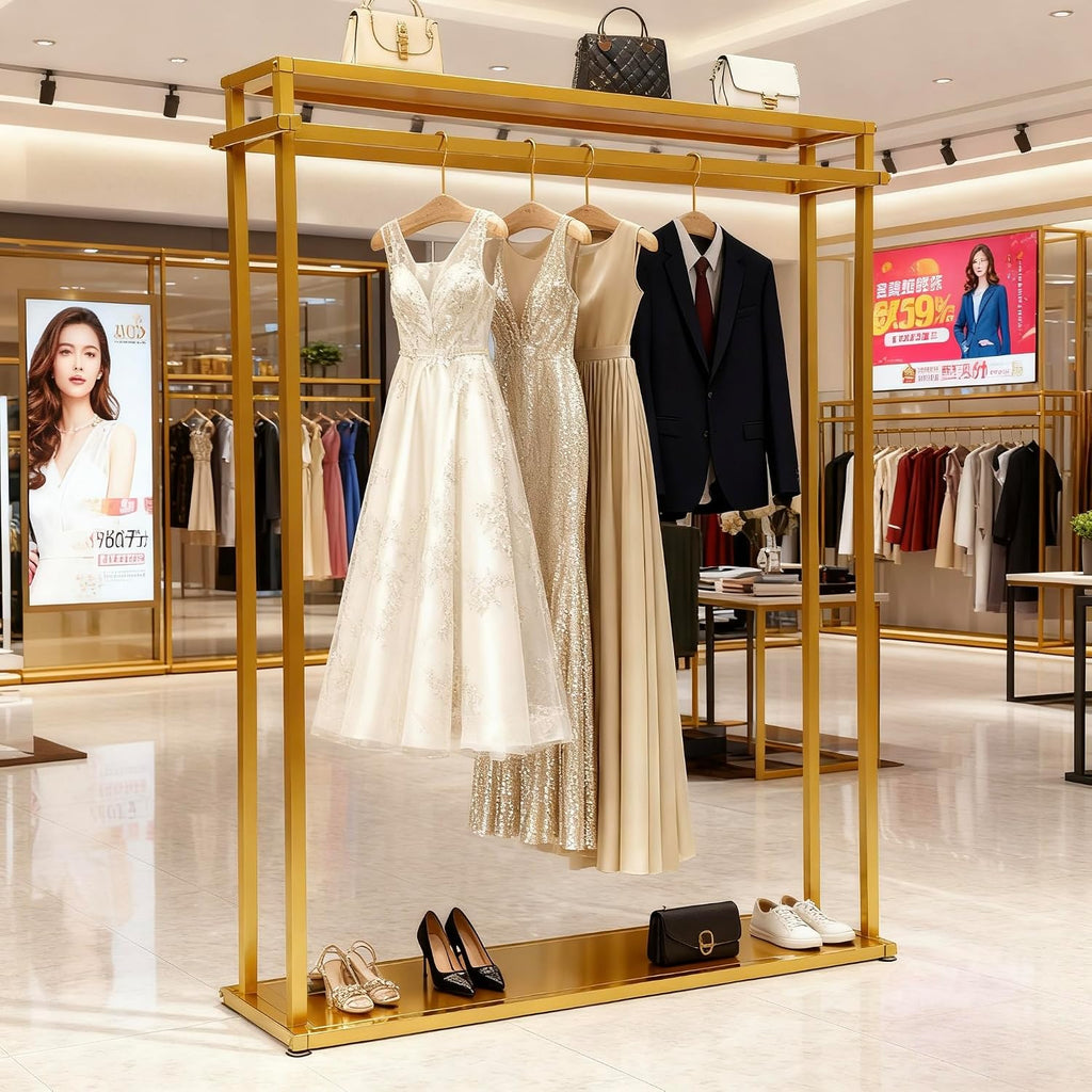 Retail Clothes Display Wedding Dress Rack Heavy Duty Metal Gold Garment Rack, Clothing Store Studio Boutique Racks for Hanging Long Dresses Wedding Dress Commercial Floor-Standing Shelves 67 inch
