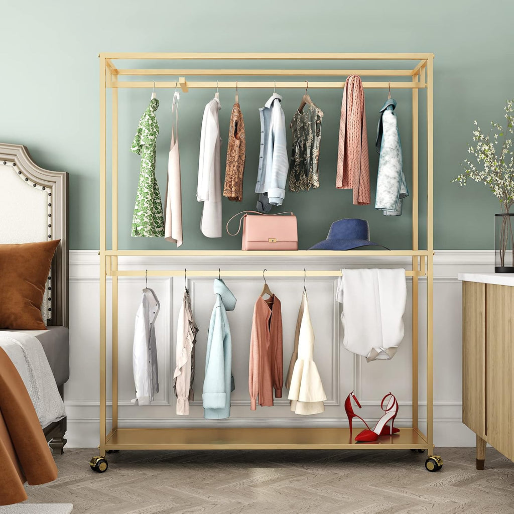 TIEOU Gold Clothes Racks Free-Standing, Gold Clothing Rack with Shelves for Boutiques, Heavy Duty Garment Rack for Hanging Clothes, Large Wardrobe Closet(Only One Shelf)