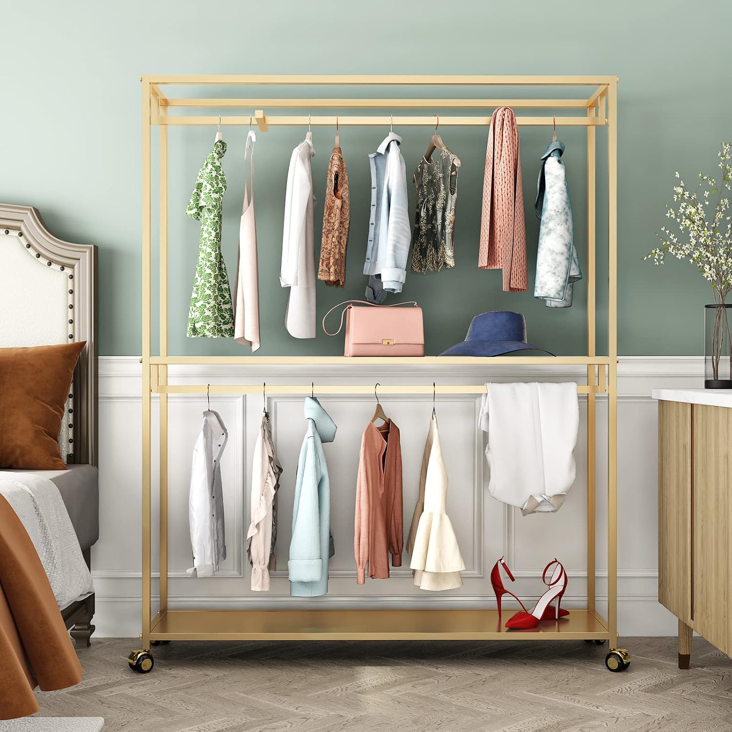 TIEOU Gold Clothes Racks Free-Standing, Gold Clothing Rack with Shelves for Boutiques, Heavy Duty Garment Rack for Hanging Clothes, Large Wardrobe Closet(Only One Shelf)