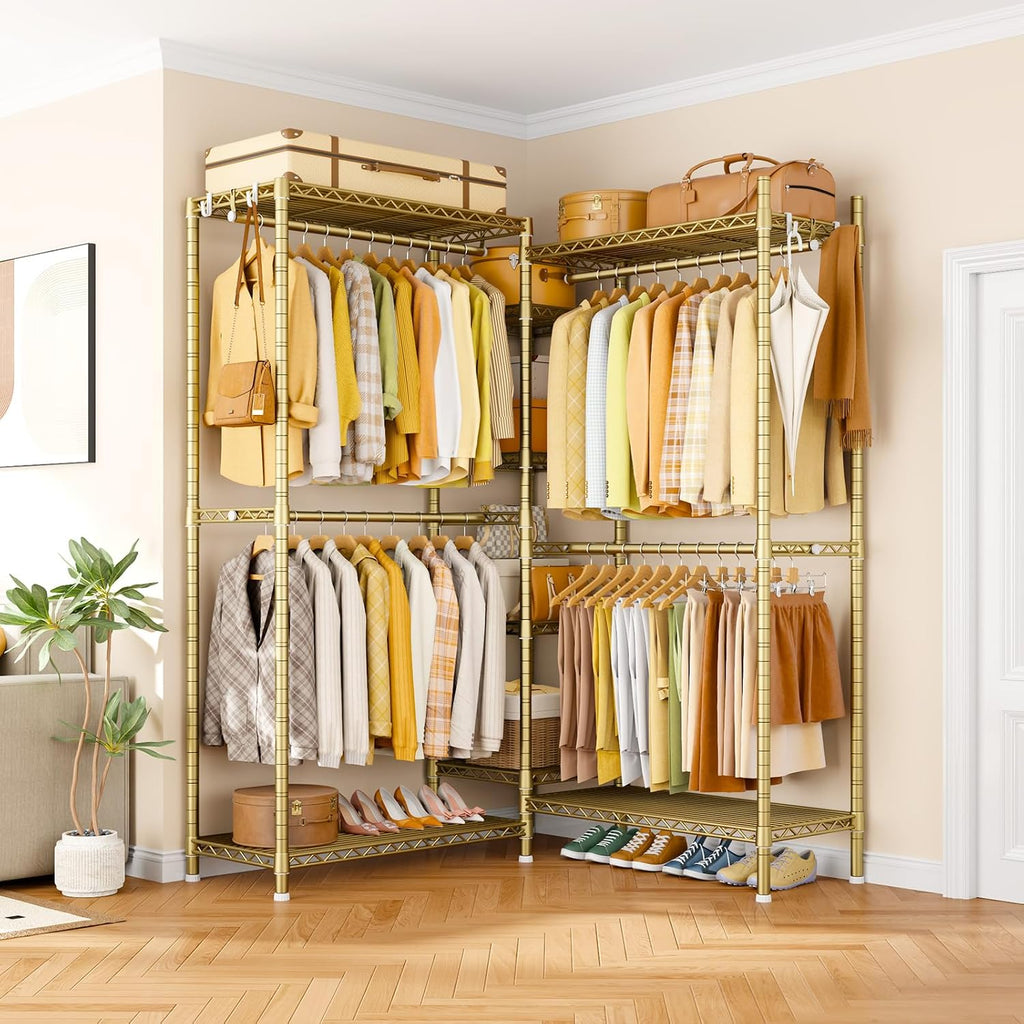 Ulif E4L Corner Clothes Rack, L Shaped Garment Rack, Heavy-Duty Freestanding Closet System with Shelves and Hangers, Max Load 962lbs, 42.7' W x 42.7' D x 79.3' H, Gold