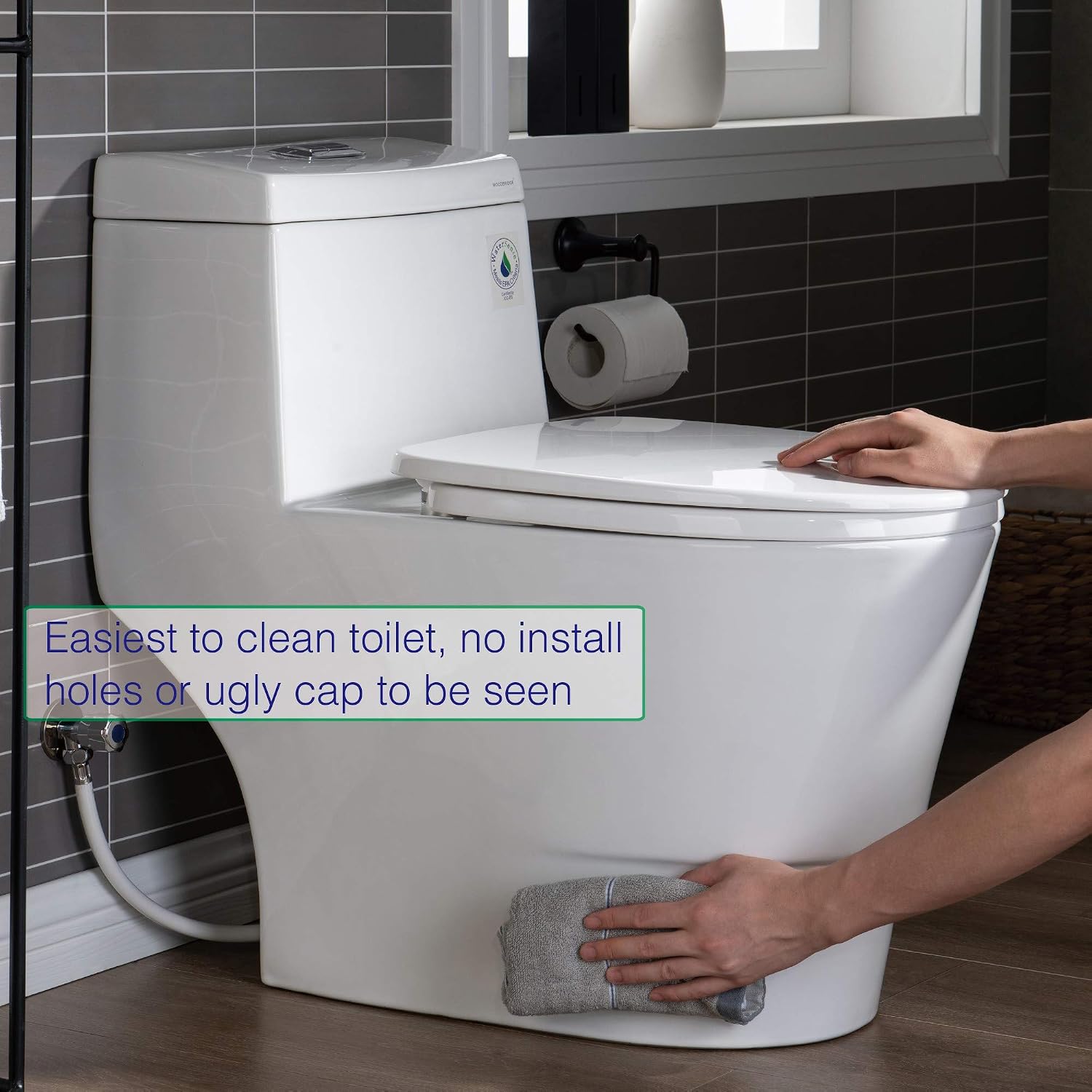 WOODBRIDGEE One Piece Toilet with Soft Closing Seat, Chair Height, 1.28 GPF Dual, Water Sensed, 1000 Gram MaP Flushing Score Toilet with Chorme Button, White,B0940-F-C