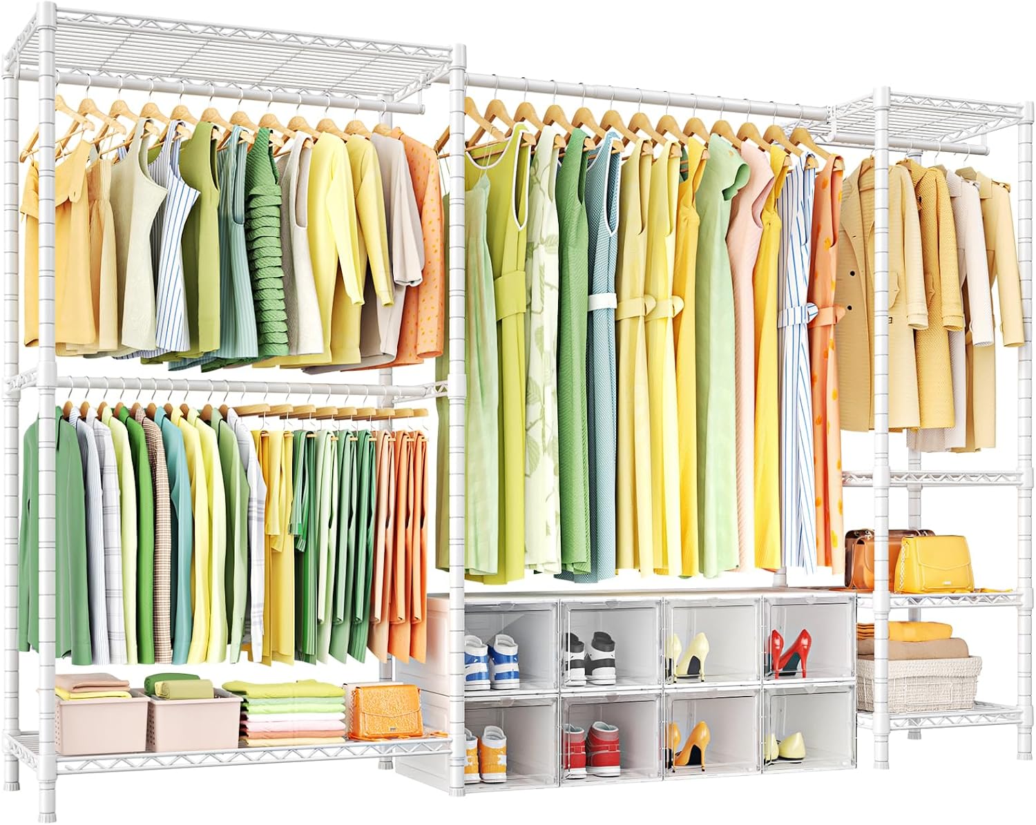 Ulif E10 Clothes Rack（With Stretchable Hanger Rod）Freestanding Clothing Racks for Hanging Clothes，Adjustable Closet Organizer System，Portable Garment Rack 73-97'W x 15' D x 72' H，Max Load 800LBS，White