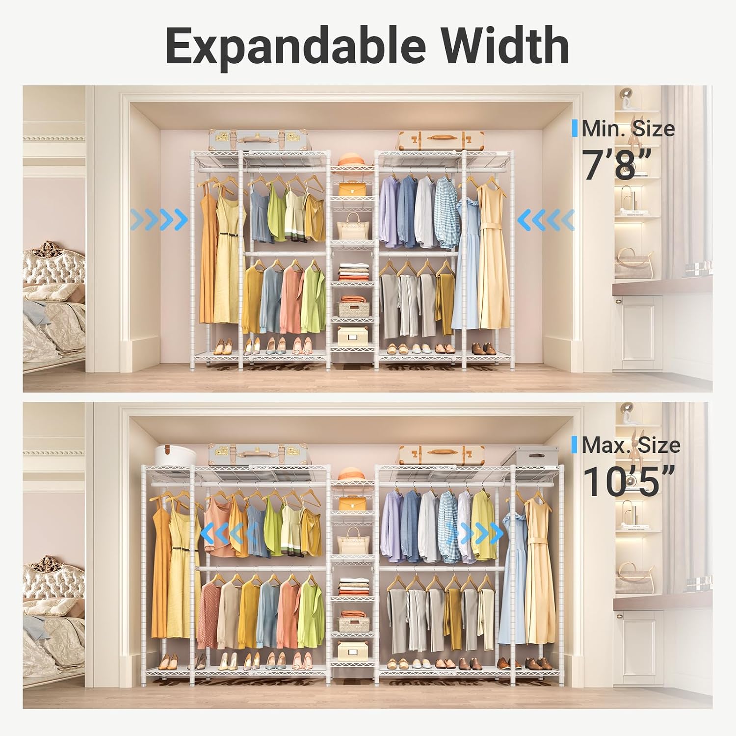 VIPEK X5 Extra Large Expandable Clothes Rack Adjustable from 7'8' to 10'5', Reach-in Closet Metal Clothing Racks Walk-in Freestanding Wardrobe Portable Closets, White