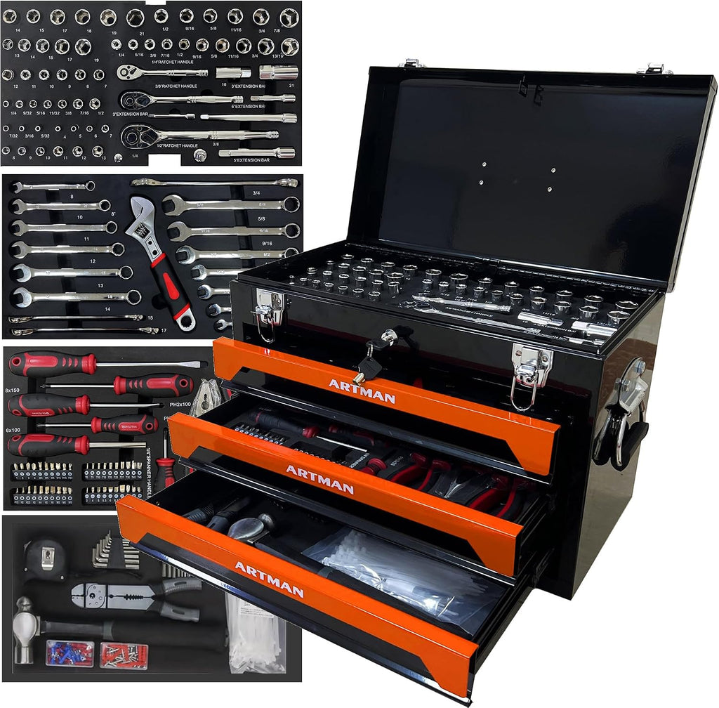 RYH 20' Portable 3-Drawer Steel Toolbox with Lock - Heavy Duty Tool Box Set for Mechanics, Electricians & Home Improvement | Includes Socket Wrench, Pliers, | Gift for Men, Handymen(Black+orange)