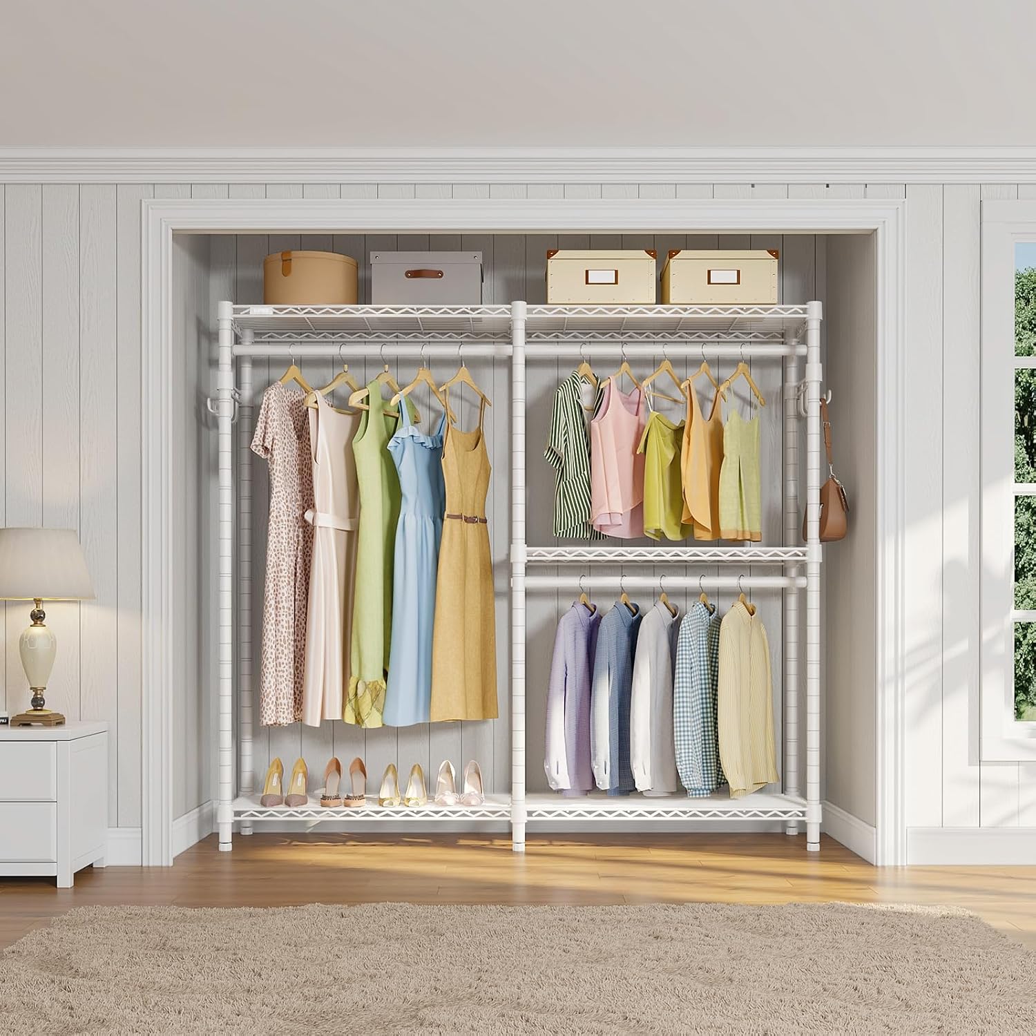 VIPEK V4C Heavy Duty Adjustable Clothing Rack, White Metal Closet Rack with Grey Cover, 57.9' L x 17.3' W x 76.4' H, 3 Hanging Rods & Side Hooks, Portable Closet
