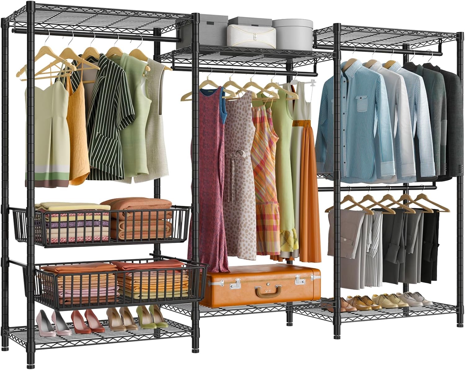 VIPEK V10 Garment Rack Large Size Heavy Duty Clothes Rack with Hanging Rods, Adjustable Shelves & 2 Slid Storage Baskets, Wire Clothing Rack 68.9' W x 15.7' D x 76.4' H, Max Load 920 LBS, Black