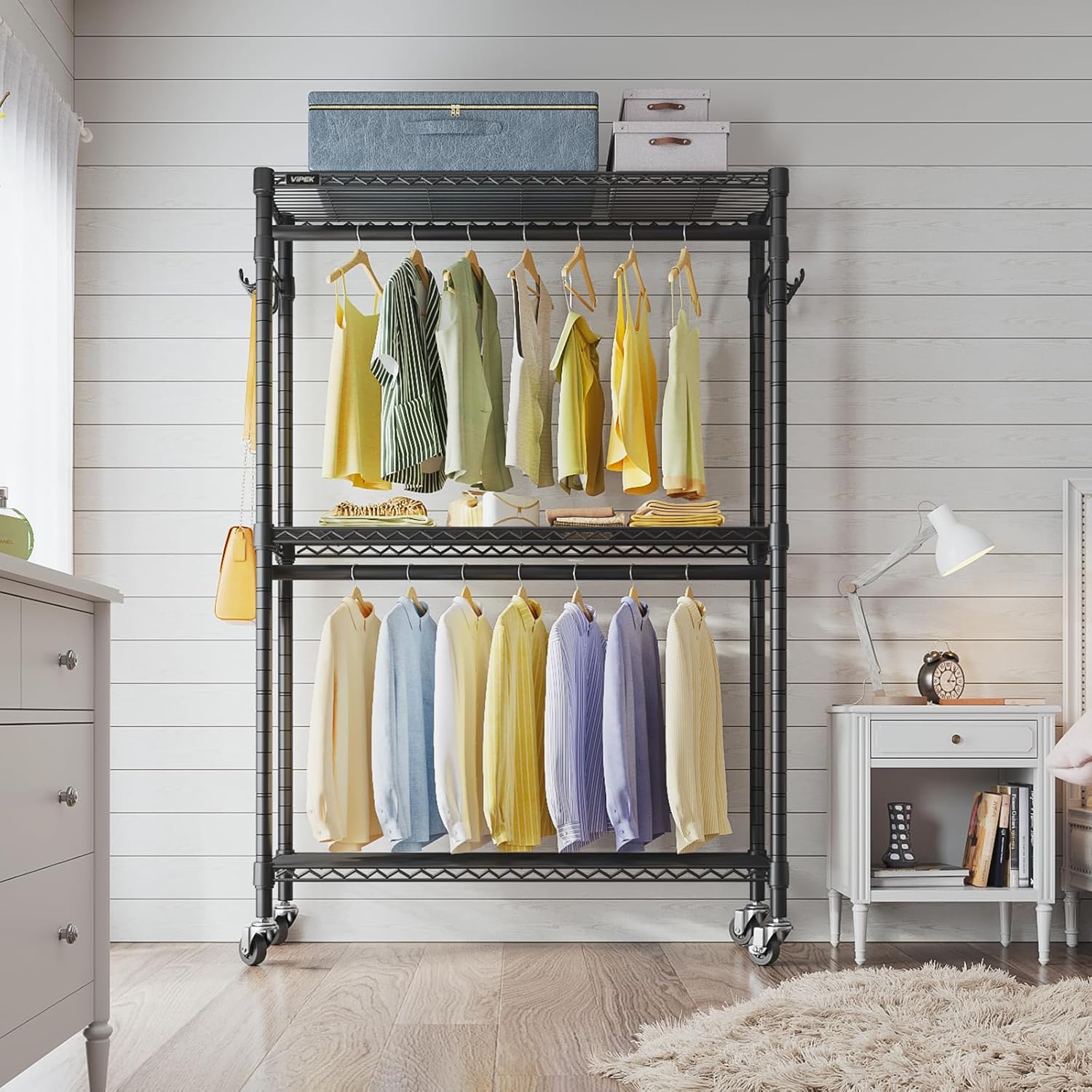 VIPEK R2 Plus Heavy Duty Rolling Garment Rack 3 Tiers Adjustable Wire Shelving Clothes Rack with Double Rods and Side Hooks, Freestanding Wardrobe Storage Rack Metal Clothing Rack, Black