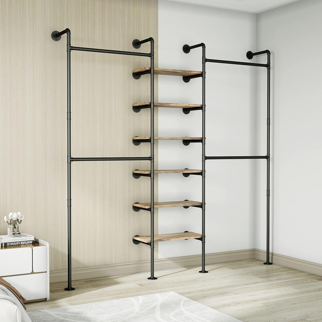 HKaikzo Wall Mounted Closet System 85' H×81' W, Industrial Pipe Clothing Rack for Walk-in Closet with 6 Shelves, Heavy Duty 200LBS Garment Rack, Color-Coded Assembly, 3 Layout Options, Black