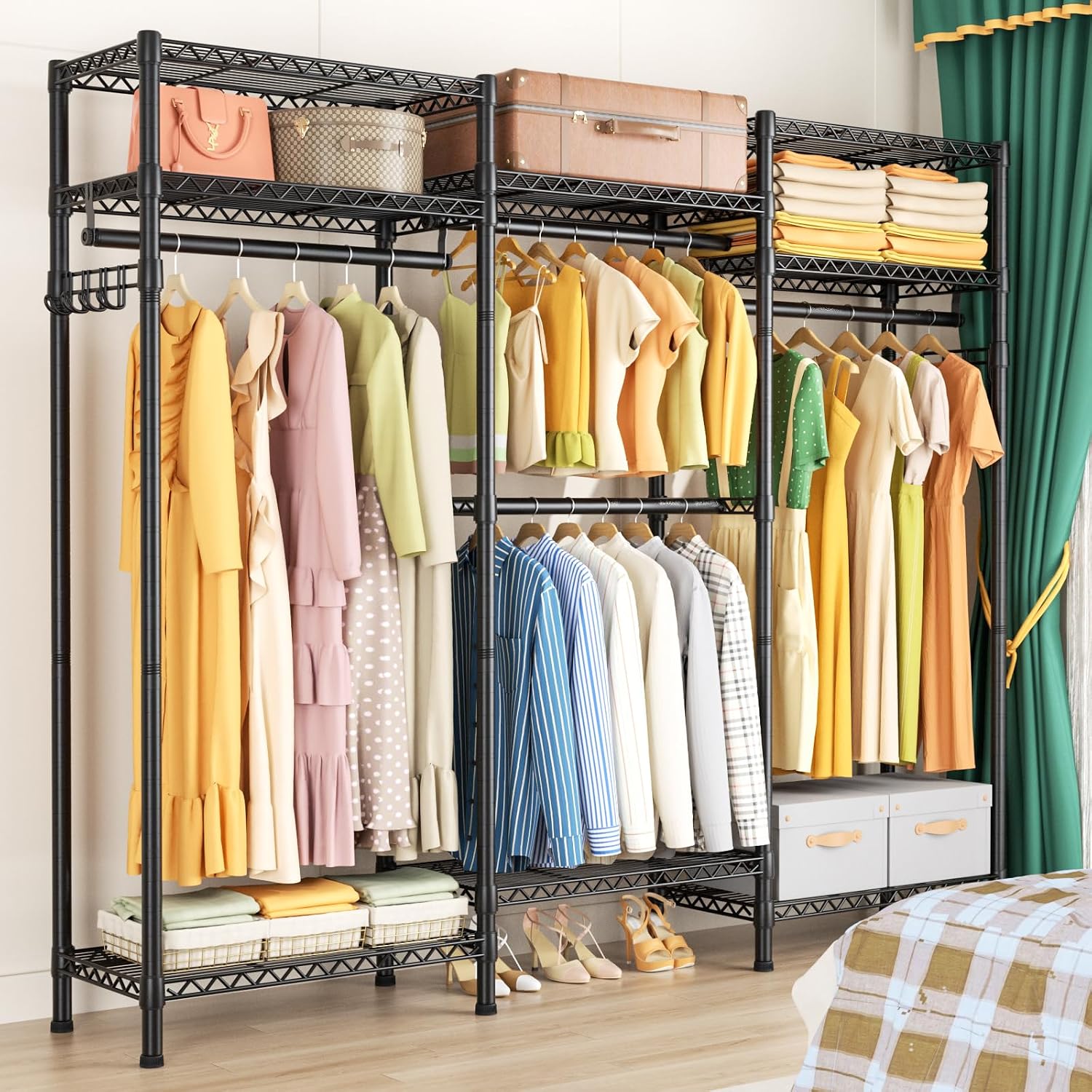 Golpart Heavy Duty Garment Rack Clothes Rack,Large Metal Closet Organizer System Storage Wardrobe,Freestanding Clothing Rack with 8 Adjustable Wire Shelves&4 Hang Rods,MaxLoad 800lbs