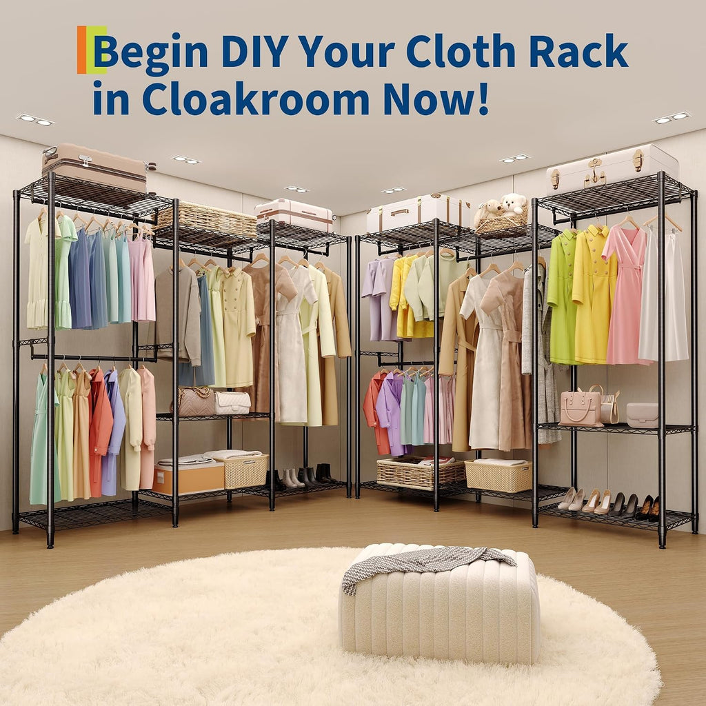 Heavy-Duty Garment Rack with a 1631 lbs Load Capacity, Portable Closet Organizer, Free-Standing Storage Solution Featuring Adjustable Shelves, Hanging Rods, and Dividable Sections, Black